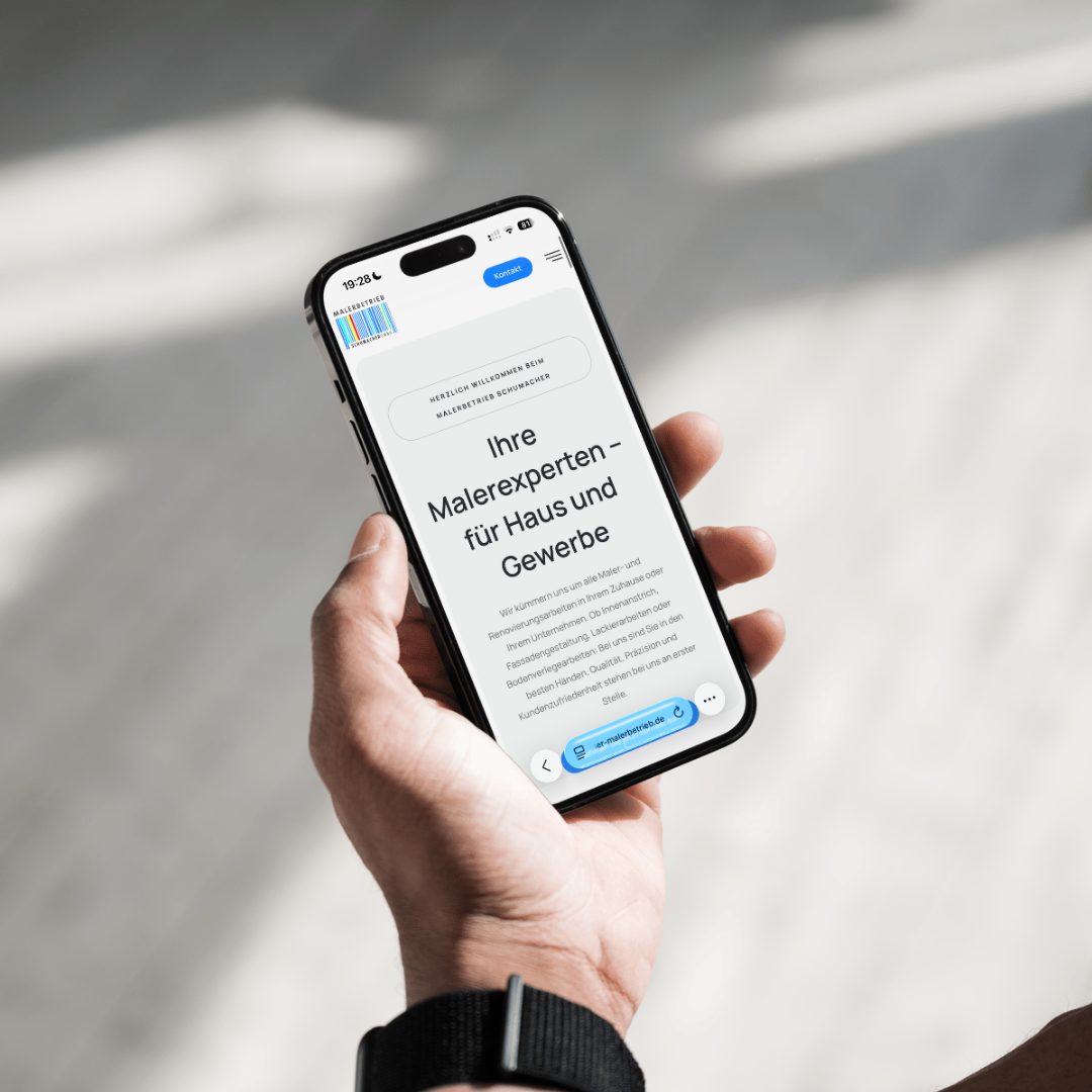 Mockup der Website von Schumacher Malerbetrieb auf einem Smartphone in einer Hand